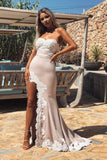 Mermaid Sweetheart Sweep Train Pink Prom Dress with Appliques Split PDA350 | ballgownbridal