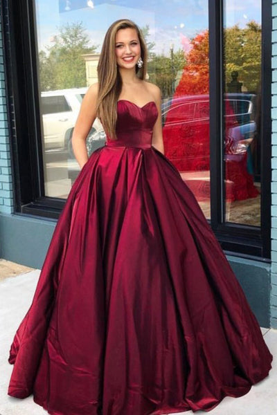 A-Line Sweetheart Floor-Length Burgundy Prom Dress with Pockets PDA371 | ballgownbridal