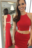 Two Piece Jewel Sleeveless Floor-Length Red Elastic Satin Prom Dress PDA297 | ballgownbridal