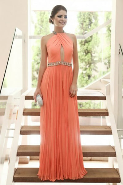 A-Line Jewel Floor-Length Coral Chiffon Keyhole Prom Dress with Beading LR199