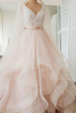 Gorgeous Light Champagne Long Wedding Dresses V Neck Appliques PDA156 | ballgownbridal