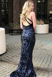Mermaid Jewel Sweep Train Navy Blue Keyhole Sequined Open Back Prom Dress  LR122