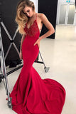 Mermaid Spaghetti Straps Backless Sweep Train Red Prom Dress with Appliques Beading PDA411 | ballgownbridal
