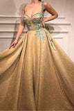 Beautiful Gold Prom Dress A-line Straps Long Prom Dresses Rhinestone Sparkly Evening Dress PDA435 | ballgownbridal