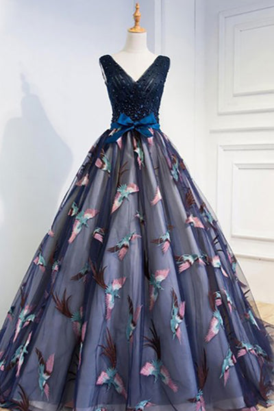 A-Line V-Neck Court Train Navy Blue Tulle Prom Dress with Appliques Beading AHC497