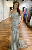 Mermaid Spaghetti Straps Sweep Train Silver Tulle Prom Dress with Beading LR220