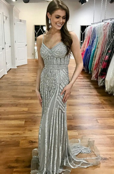 Mermaid Spaghetti Straps Sweep Train Silver Tulle Prom Dress with Beading LR220