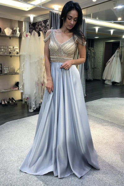 A-Line V-Neck Cold Shoulder Sweep Train Light Blue Prom Dress with Beading PDA372 | ballgownbridal