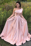 A-Line One-Shoulder Sweep Train Pink Satin Sleeveless Ruffles Prom Dress LR350