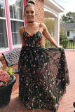 A-Line Spaghetti Straps Sweep Train Black Lace Sleeveless Pleats Prom Dress LR110
