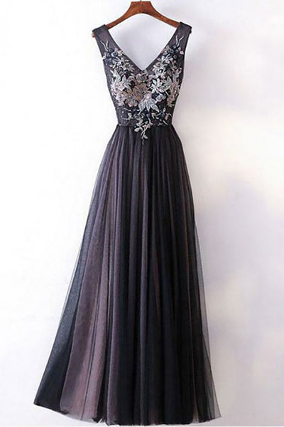 A-Line V-Neck Sweep Train Grey Tulle Prom Dress with Appliques Beading LR367