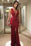 Mermaid Jewel Floor-Length Dark Red Sequined Split Cut Out Prom Dress LR419 | ballgownbridal