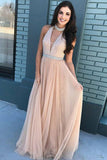 A-Line High Neck Sweep Train Champagne Keyhole Tulle Prom Dress with Beading LR253