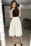 A-Line Halter Backless Tea-Length White Prom Homecoming Dress with Pleats PDA348 | ballgownbridal