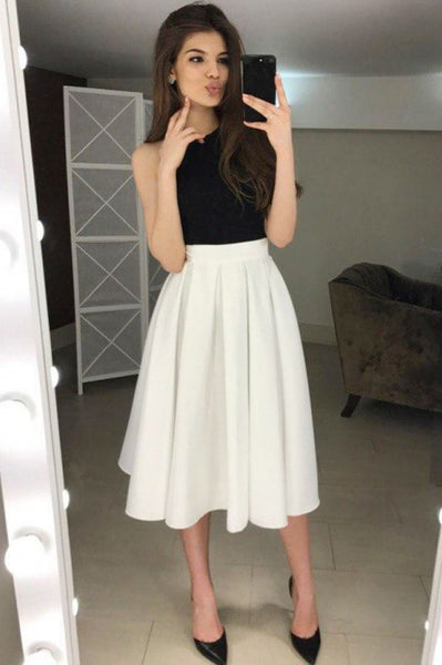 A-Line Halter Backless Tea-Length White Prom Homecoming Dress with Pleats PDA348 | ballgownbridal