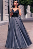 A-Line V-Neck Floor-Length Navy Blue Tulle Sleeveless Prom Dress LR252