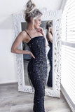 Mermaid Spaghetti Straps Floor-Length Dark Navy Stretch Satin Prom Dress with Tassels Beading AHC680