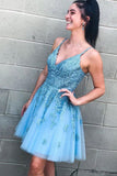 Beautiful A Line V Neck Blue Short Homecoming Dresses with Appliques PDA096 | ballgownbridal