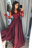 A-Line V-Neck Long Sleeves Split Burgundy Satin Prom Dress with Appliques LR372 | ballgownbridal