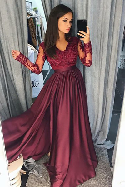 A-Line V-Neck Long Sleeves Split Burgundy Satin Prom Dress with Appliques LR372 | ballgownbridal