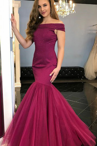 Mermaid Off-the-Shoulder Sweep Train Fuchsia Stretch Satin Prom Dress with Sequin LR182