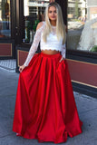 Two Piece Crew Long Sleeves Cold Shoulder Red Long Prom Dress with Lace Pockets PDA412 | ballgownbridal