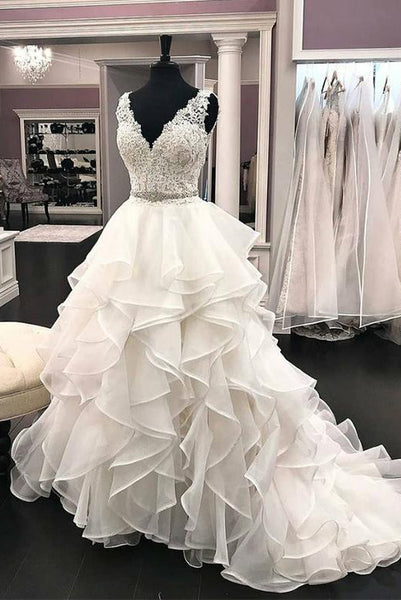 Spaghetti Straps White Wedding Dresses Appliques Beading Ruffles PDA167 | ballgownbridal