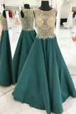 A-Line Crew Sweep Train Dark Green Satin Sleeveless Prom Dress with Beading LR343