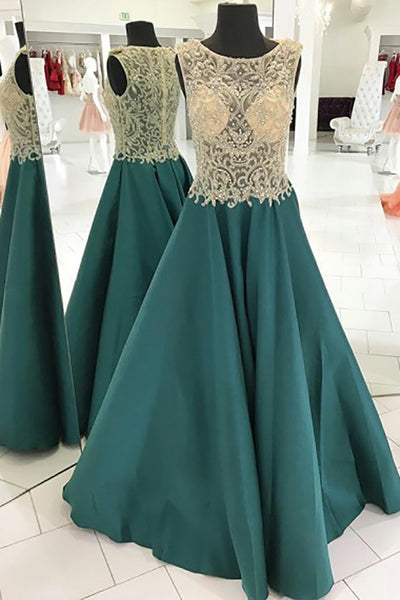 A-Line Crew Sweep Train Dark Green Satin Sleeveless Prom Dress with Beading LR343