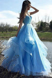 A-Line Sweetheart Floor-Length Blue Tulle Prom Dress with Beading Ruffles LR257