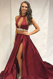 Two Piece Jewel Court Train Split Keyhole Burgundy Satin Prom Dress with Beading LR51