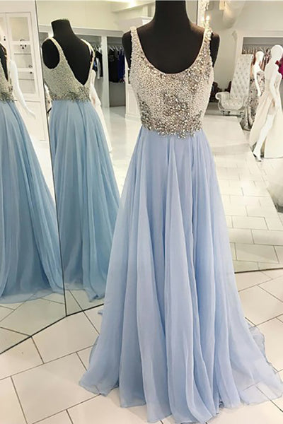 A-Line Scoop Sweep Train Light Blue Chiffon Backless Prom Dress with Beading LR342