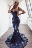 Mermaid Spaghetti Straps Backless Sweep Train Navy Blue Sequined Prom Dress PDA263 | ballgownbridal