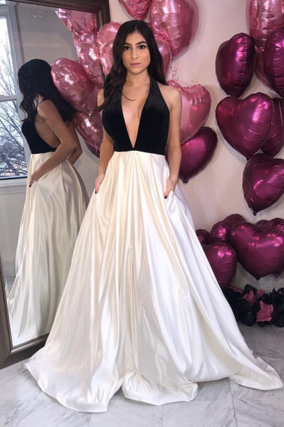 A-Line Halter Backless Sweep Train White Prom Dress with Pockets PDA364  | ballgownbridal