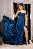 Pretty Blue Satin Beaded Dress, Long A Line Slit Prom Dress PDA393 | ballgownbridal