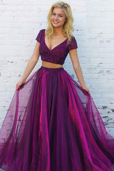 Two Piece Deep V-Neck Cap Sleeves Purple Tulle Prom Dress with Beading AHC505 | ballgownbridal