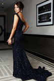 Mermaid Scoop Sweep Train Navy Blue Sequined Prom Dress PDA526 | ballgownbridal