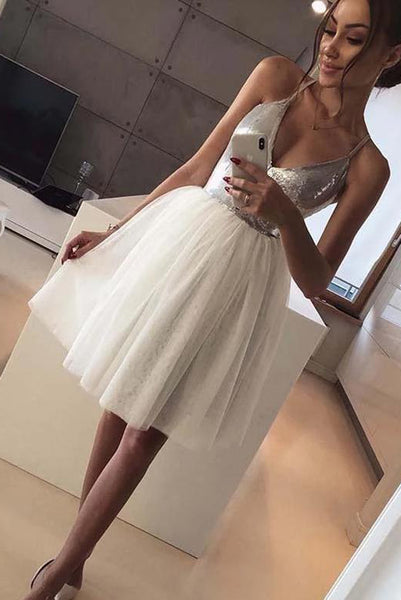 Sexy A Line V Neck White Short Homecoming Party Dresses with Ruffles PDA106 | ballgownbridal