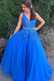 A-Line V-Neck Backless Floor-Length Royal Blue Prom Dress with Appliques Beading PDA367 | ballgownbridal
