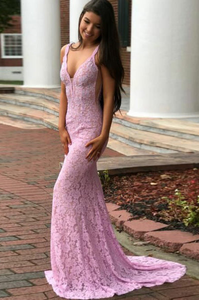 Mermaid Deep V-Neck Backless Lilac Lace Prom Dress with Beading PDA264 | ballgownbridal