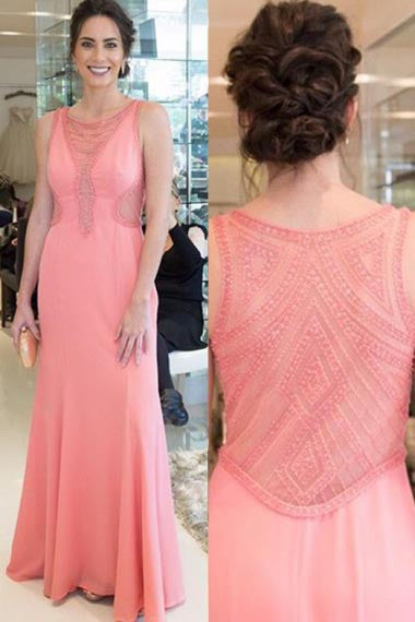 Mermaid Crew Floor-Length Watermelon Stretch Satin Prom Dress with Beading AHC687 | ballgownbridal