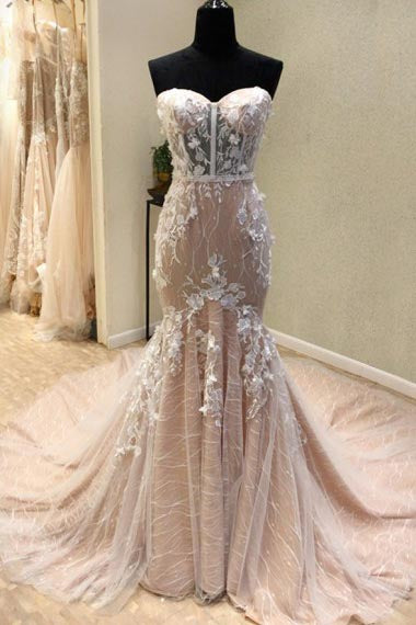 Mermaid Sweetheart Court Train Champagne Lace Wedding Dress with Appliques AHC582