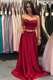 Two Piece Sweetheart Sweep Train Dark Red Satin Prom Dress with Appliques LR236