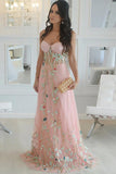 A-Line Sweetheart Sweep Train Pink Tulle Sleeveless Prom Dress with Embroidery LR148