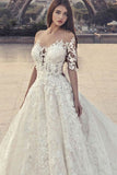 A-Line Jewel Chapel Train Half Sleeves White Lace Wedding Dress with Appliques  AHC557 | ballgownbridal