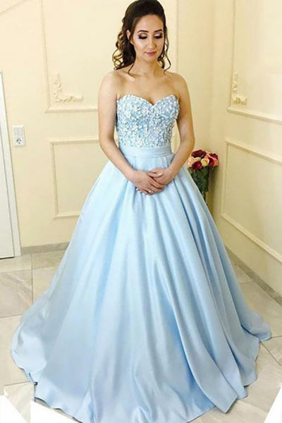 A-Line Sweetheart Court Train Blue Satin Prom Dress with Appliques Pockets LR364