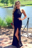Mermaid Jewel Open Back Sweep Train Navy Blue Spandex Prom Dress PDA292 | ballgownbridal