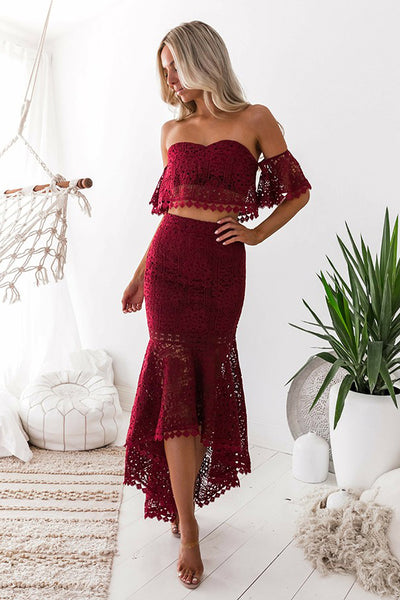 Two Piece Off-the-Shoulder Backless High Low Burgundy Lace Prom Dress PDA400 | ballgownbridal