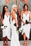 Sheath Spaghetti Straps Asymmetrical White Chiffon Bridesmaid Dress AHC615