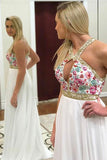 A-Line Cross Neck Sweep Train Keyhole White Chiffon Sleeveless Prom Dress with Appliques LR78